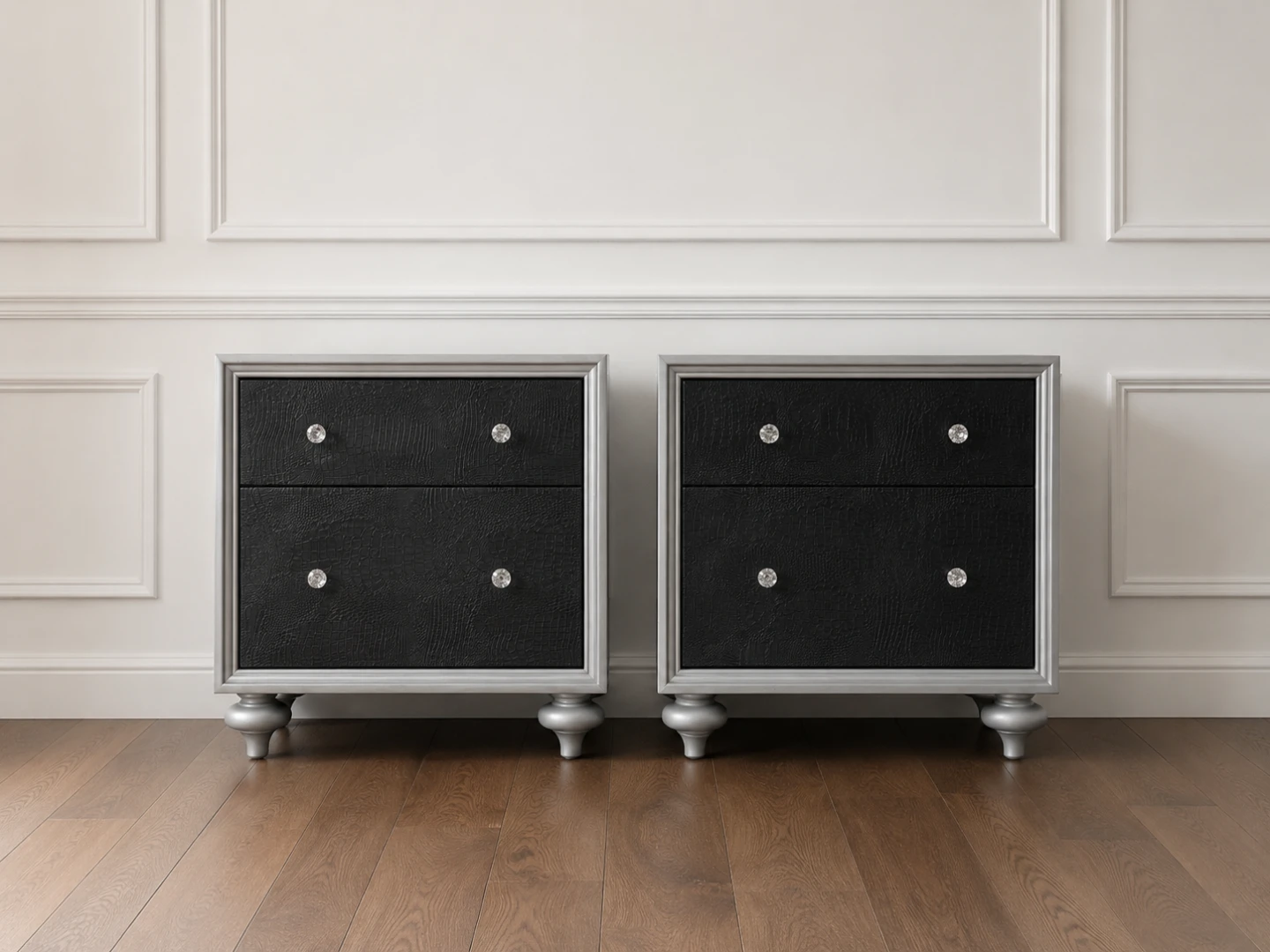 Matching Pair of Modern Black  & Silver Two Drawer Nightstands