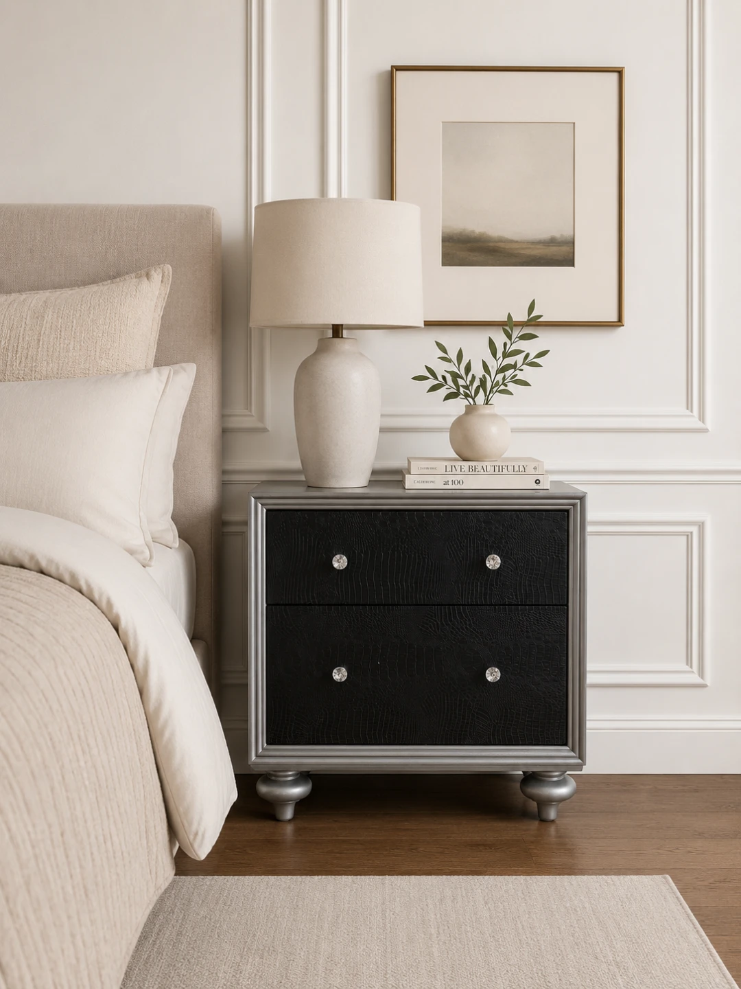 Matching Pair of Modern Black  & Silver Two Drawer Nightstands - photo 2