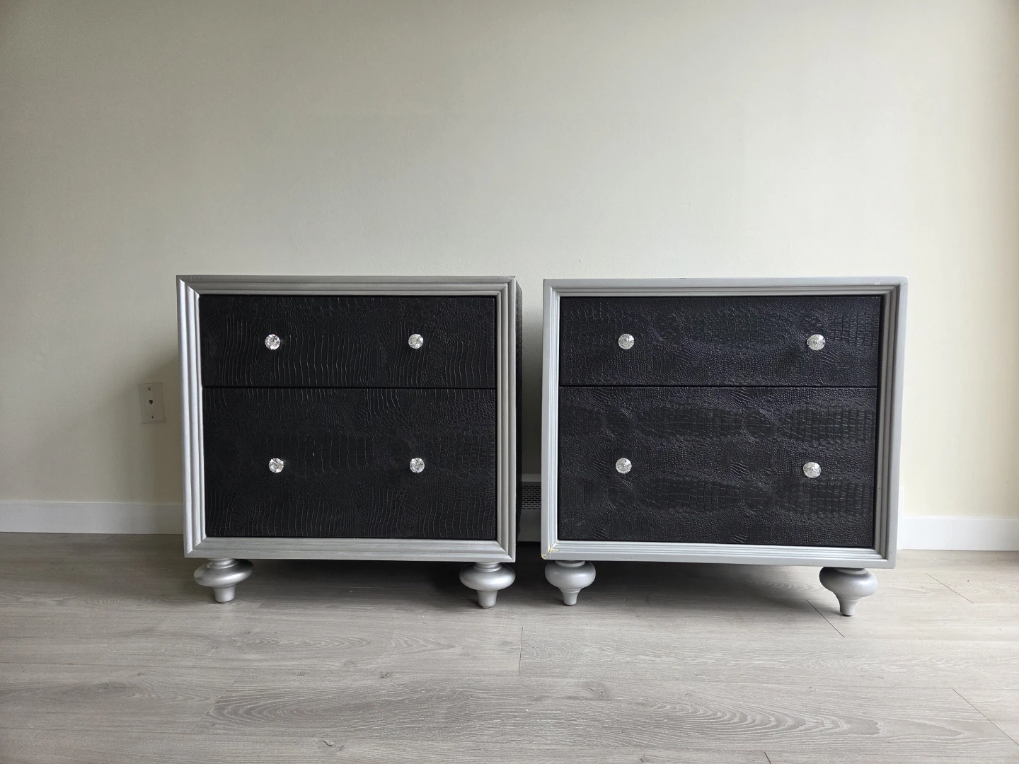 Matching Pair of Modern Black  & Silver Two Drawer Nightstands - photo 3