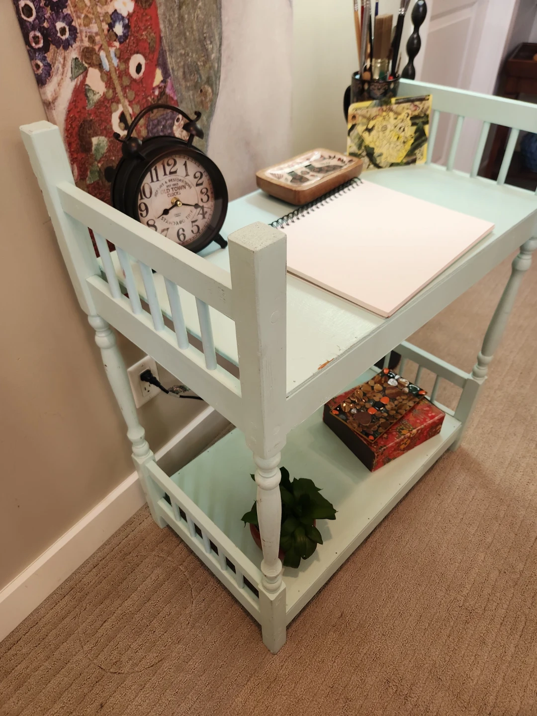 Solid wood vintage Light Blue Two-Tiered Accent Table - photo 4