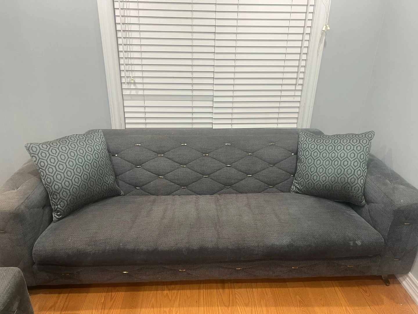 Grey Tufted Sofa with Decorative Pillows - photo 2