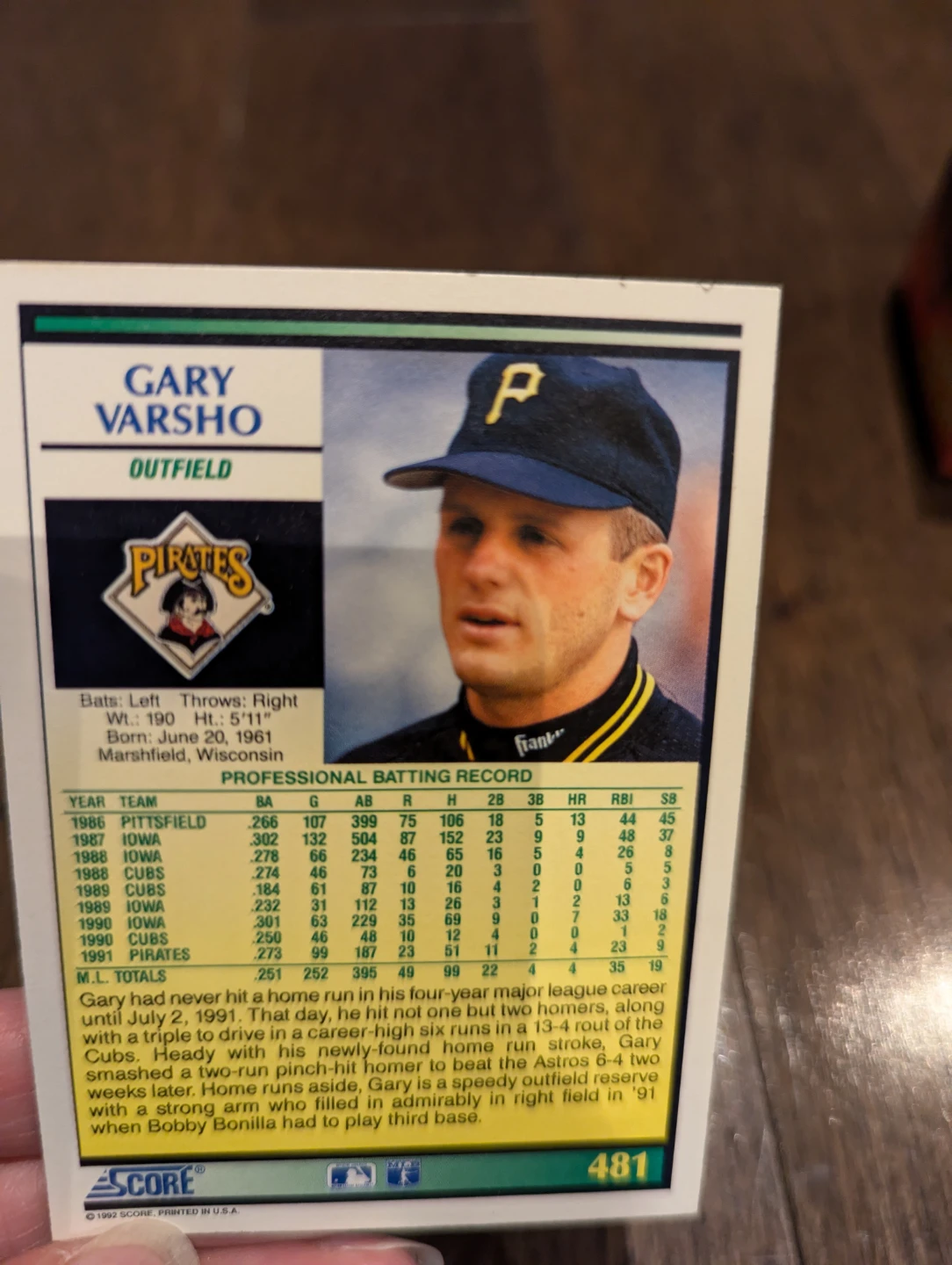 ⚽ 1992 Score Gary Varsho Baseball Card - photo 2