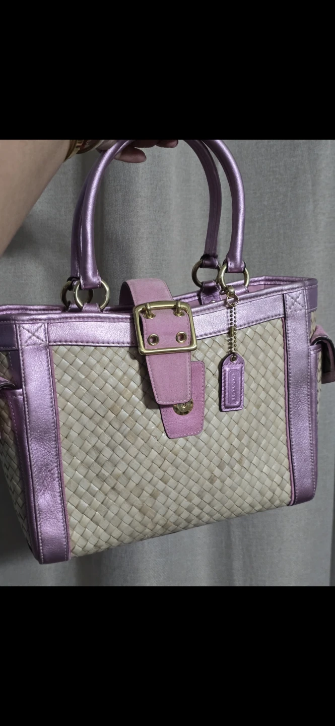 Coach Hampton Straw Tote Bag with Pink Leather Accents
