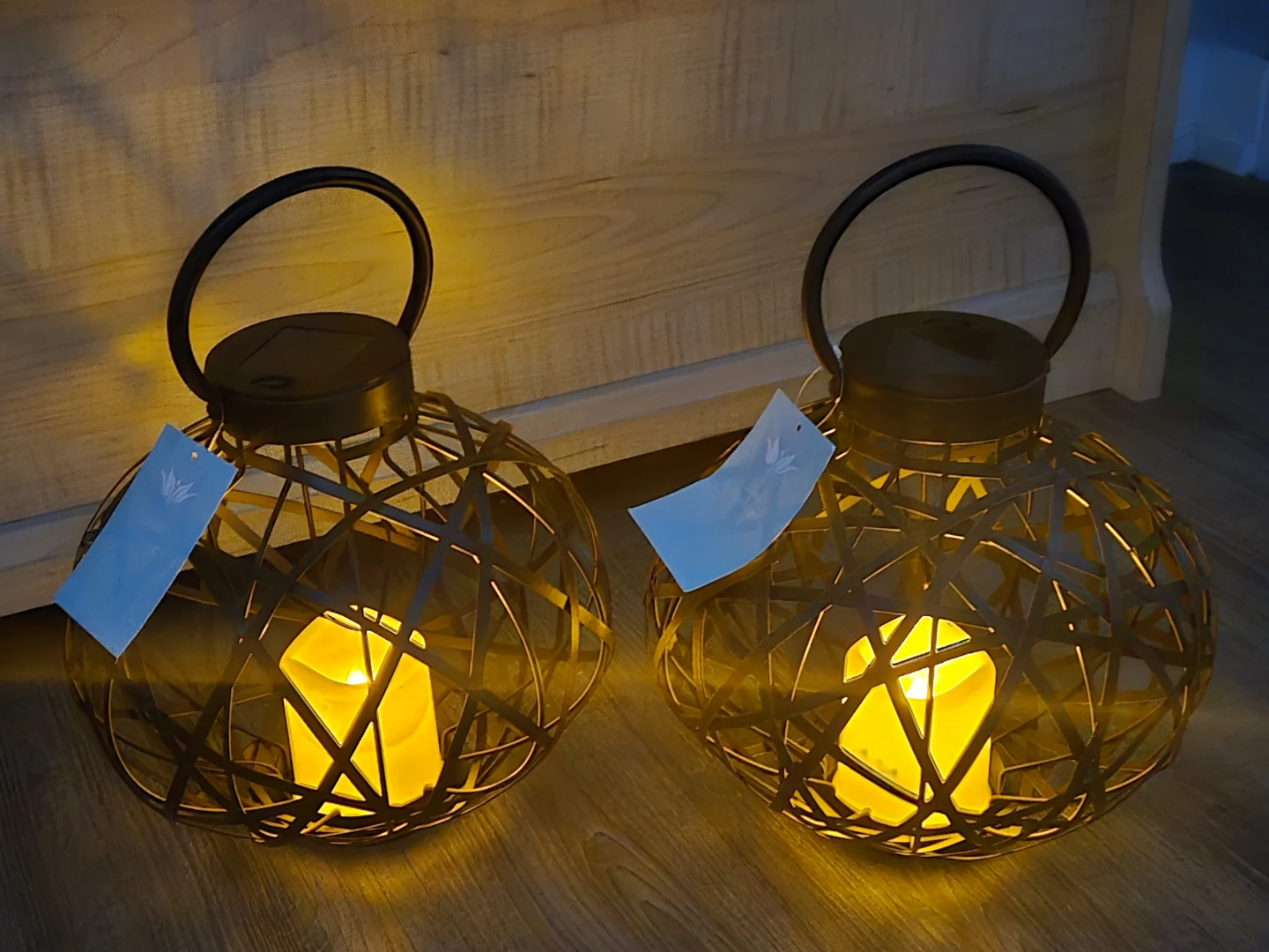 Brand New Pair Outdoor Solar Metal Rattan Lanterns