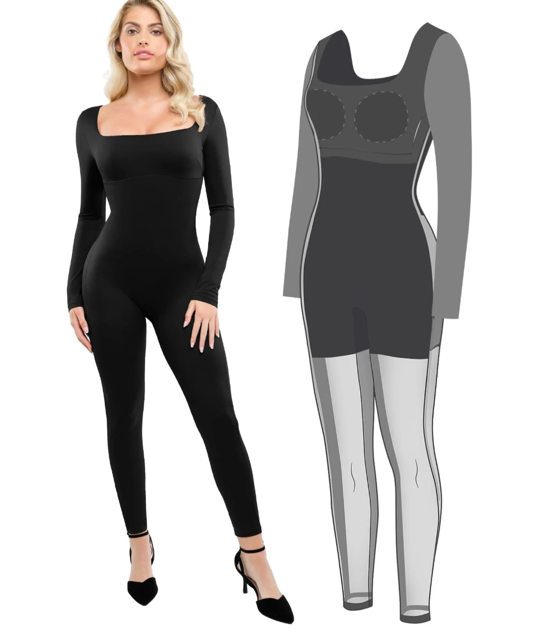 Black Long Sleeve Square Neck Jumpsuit