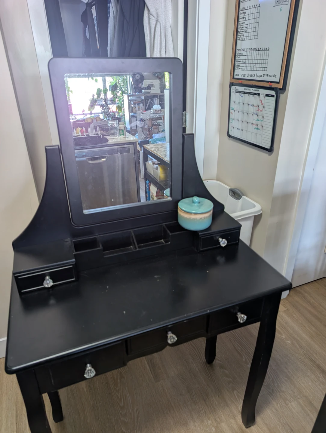 Black Vanity Table with Mirror and Drawers