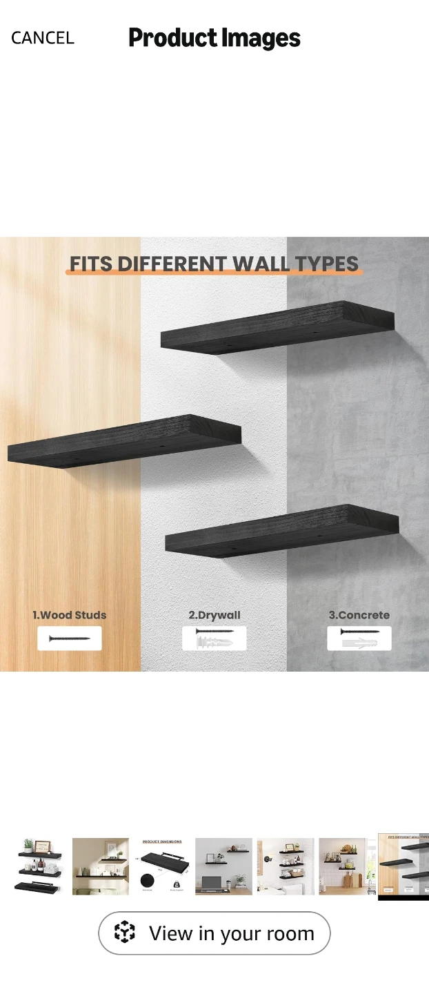 Set of 3 Black Floating Wall Shelves - photo 4