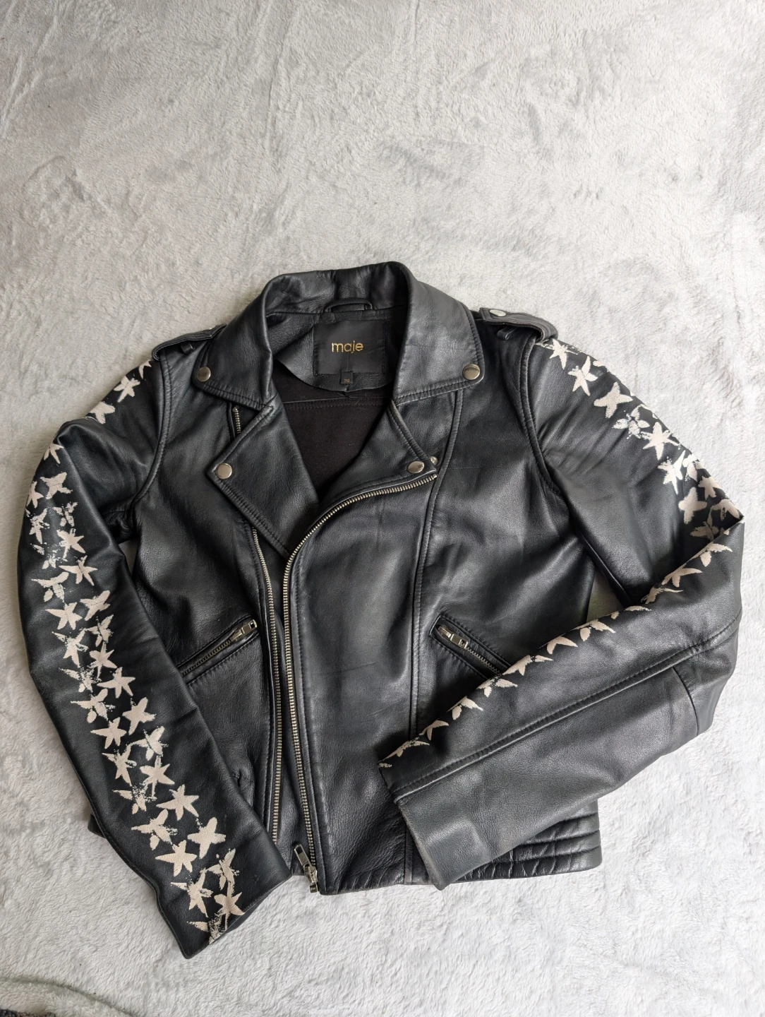 ⚽Maje Black Leather Jacket with Star Embroidery - photo 2
