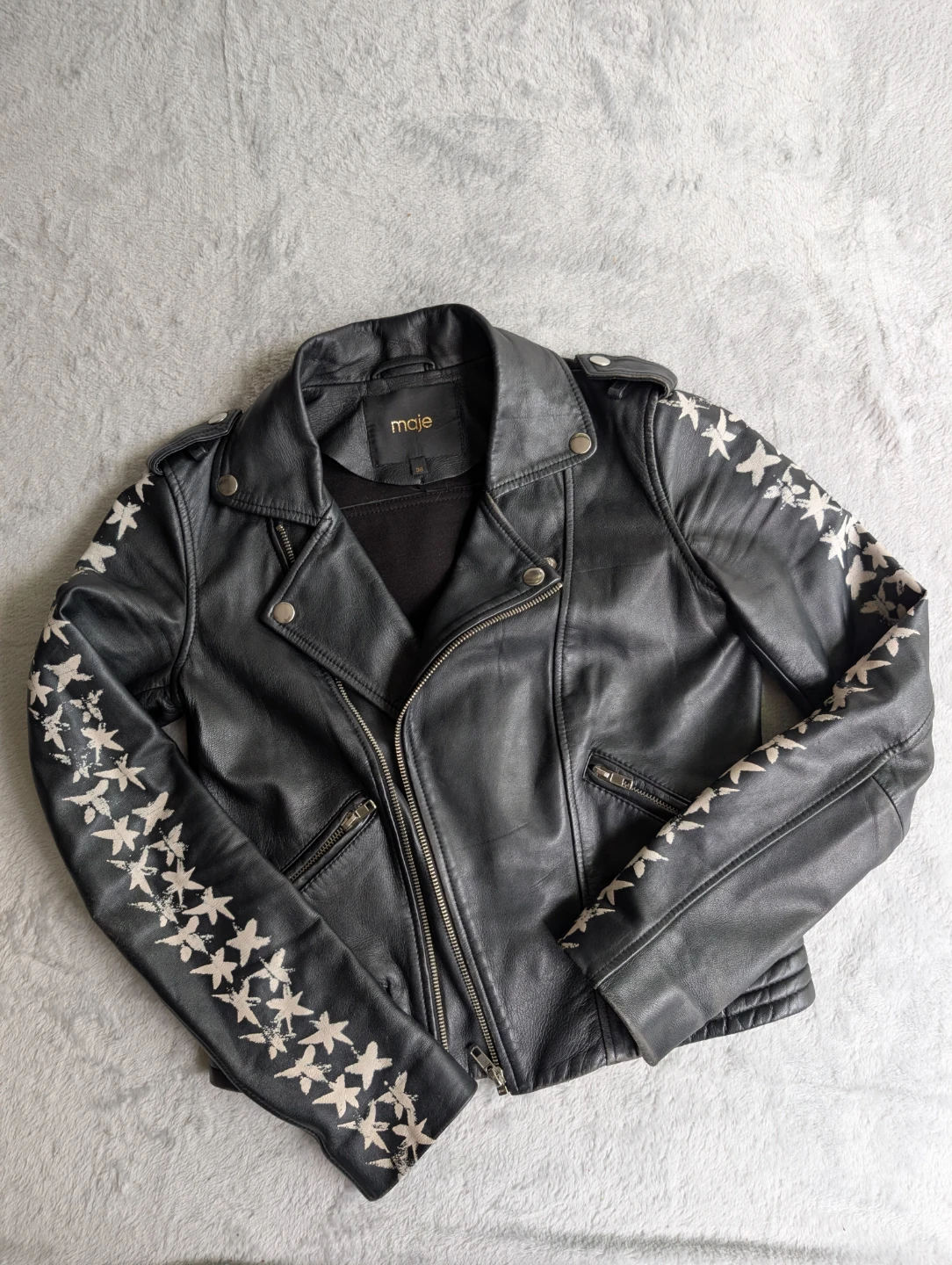⚽Maje Black Leather Jacket with Star Embroidery - photo 3