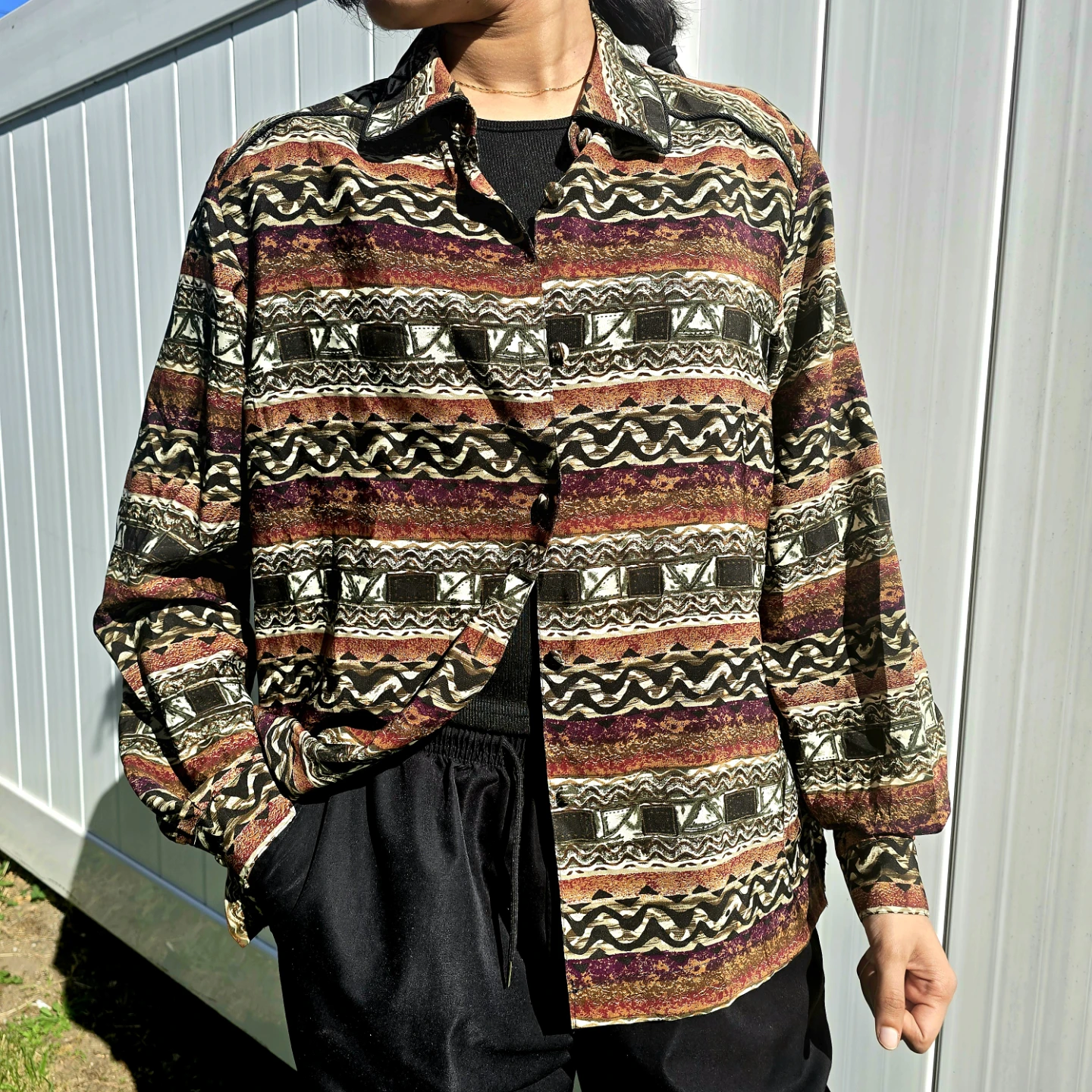 Tribal Geometric Button-Up Shirt - Brown & Black Pattern - photo 2