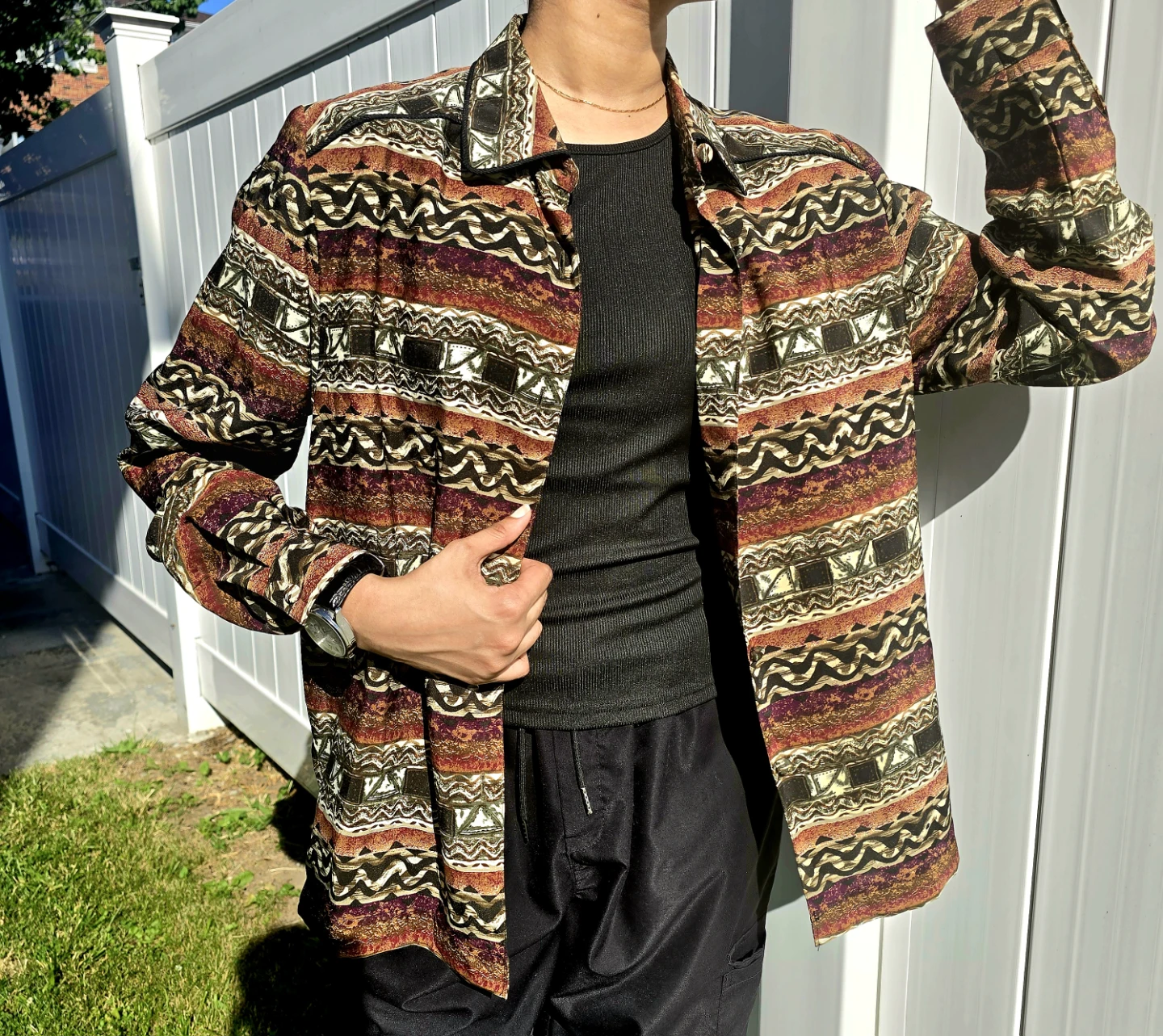 Tribal Geometric Button-Up Shirt - Brown & Black Pattern - photo 3