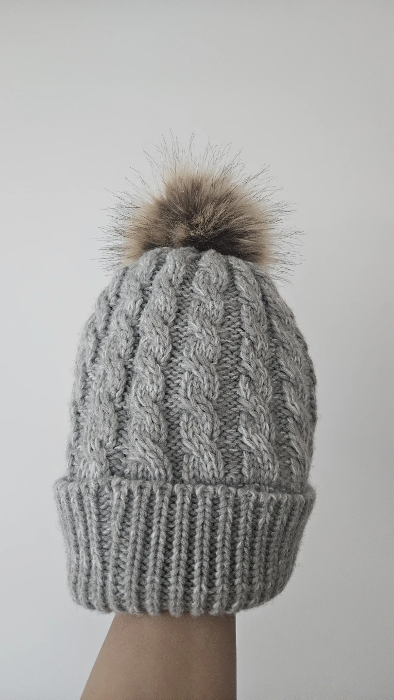 Grey Cable Knit Pom Pom Hat with Sherpa Lining