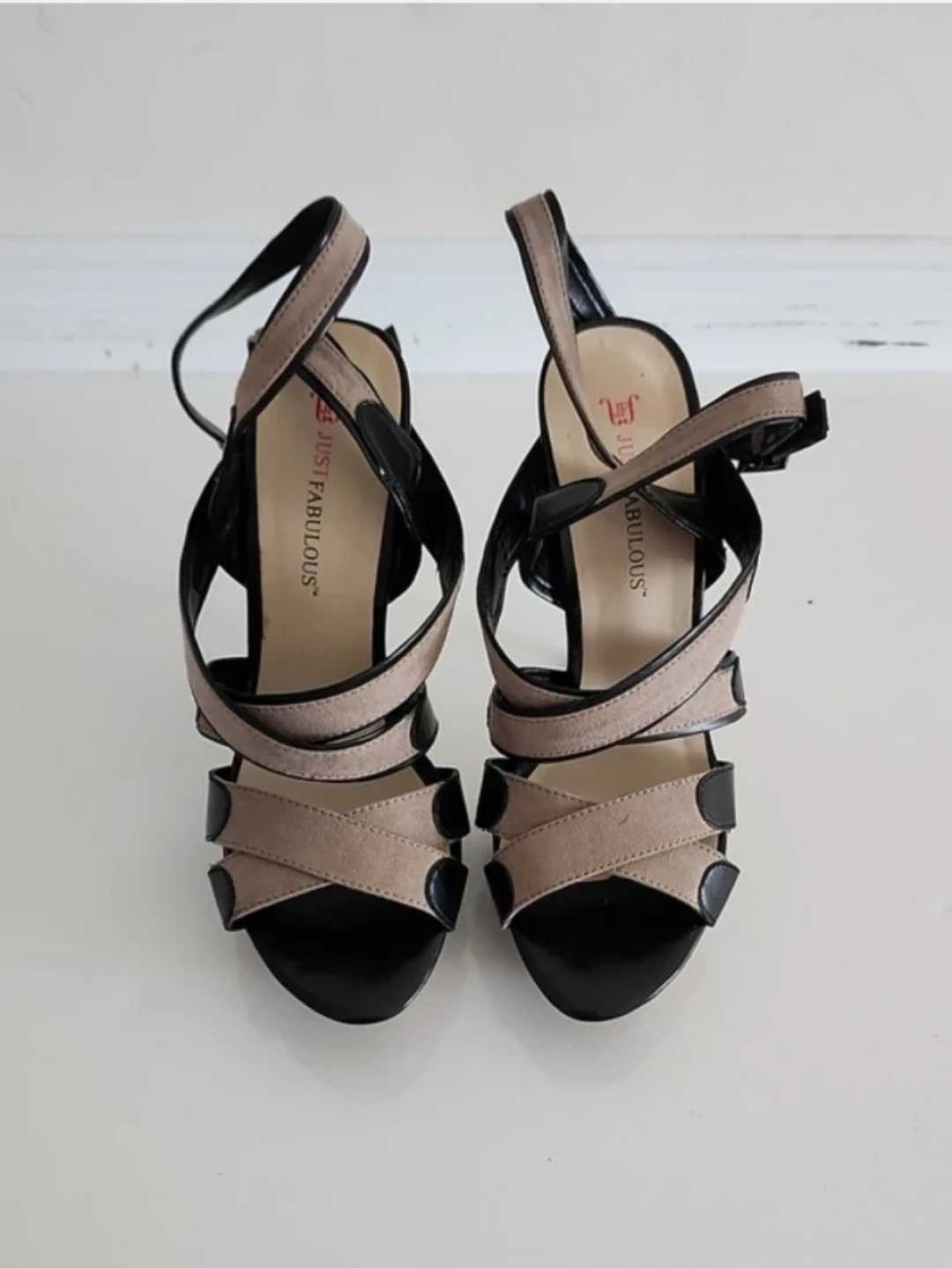 Just Fab Black and Tan Strappy Heels