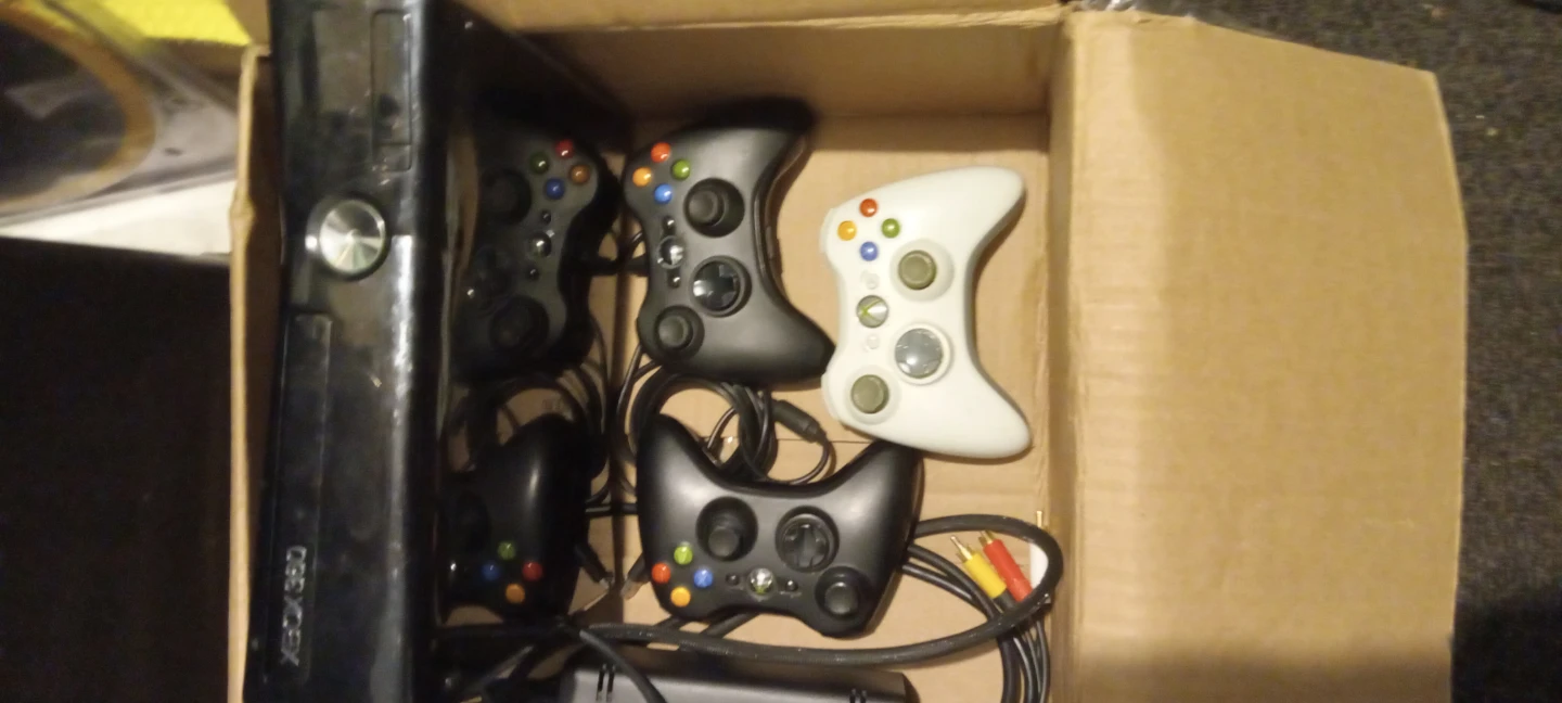 1 large box of xbox360 with 3 controllers