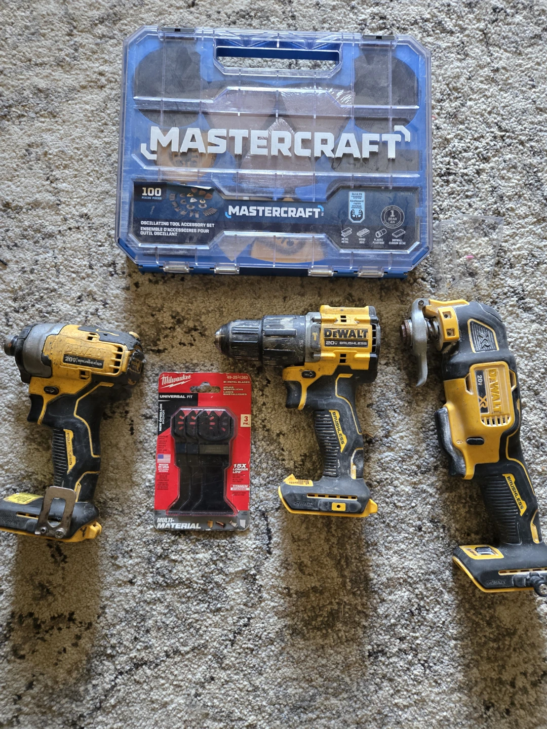 3 DeWalt Power Tools with Mastercraft Accessory Set
