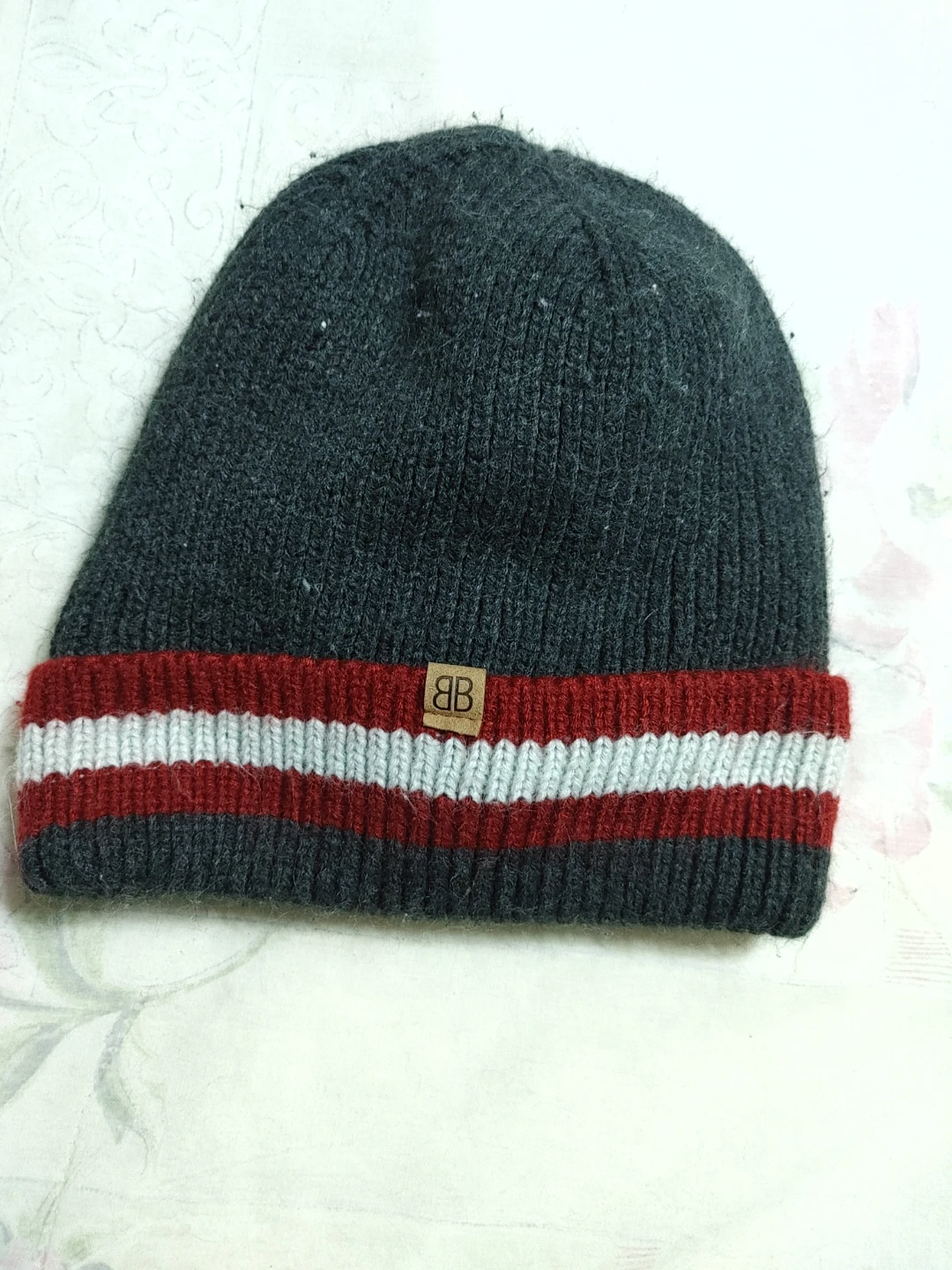 Grey Knit Beanie with Red and White Stripes
