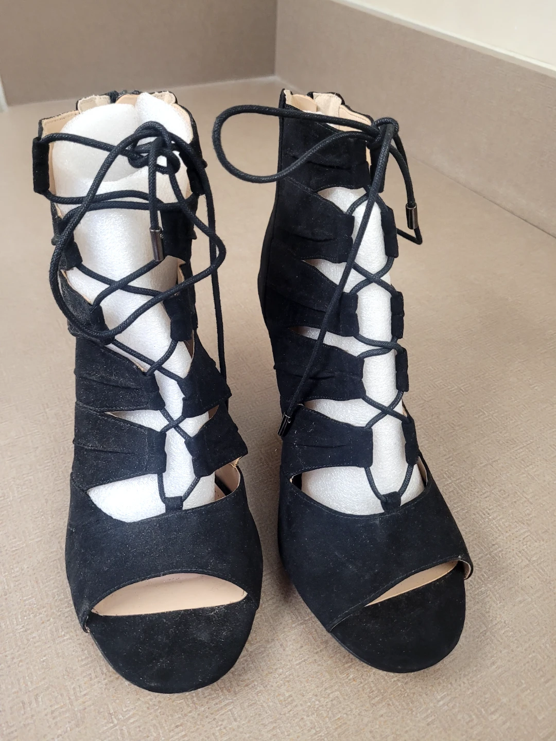 Black Suede Lace-Up Heel Booties