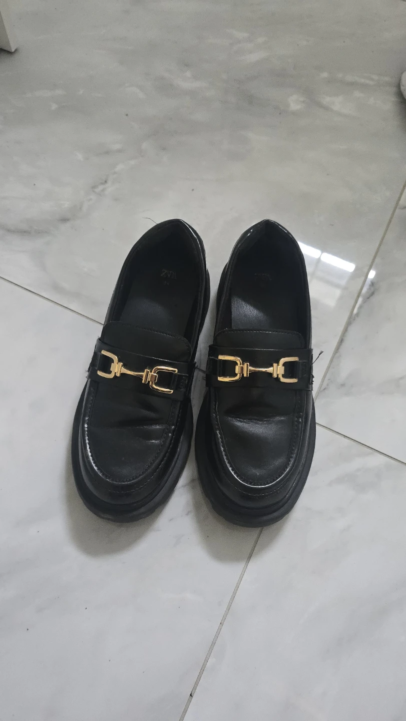 Black Zara Loafers with Gold Buckle - Size 34