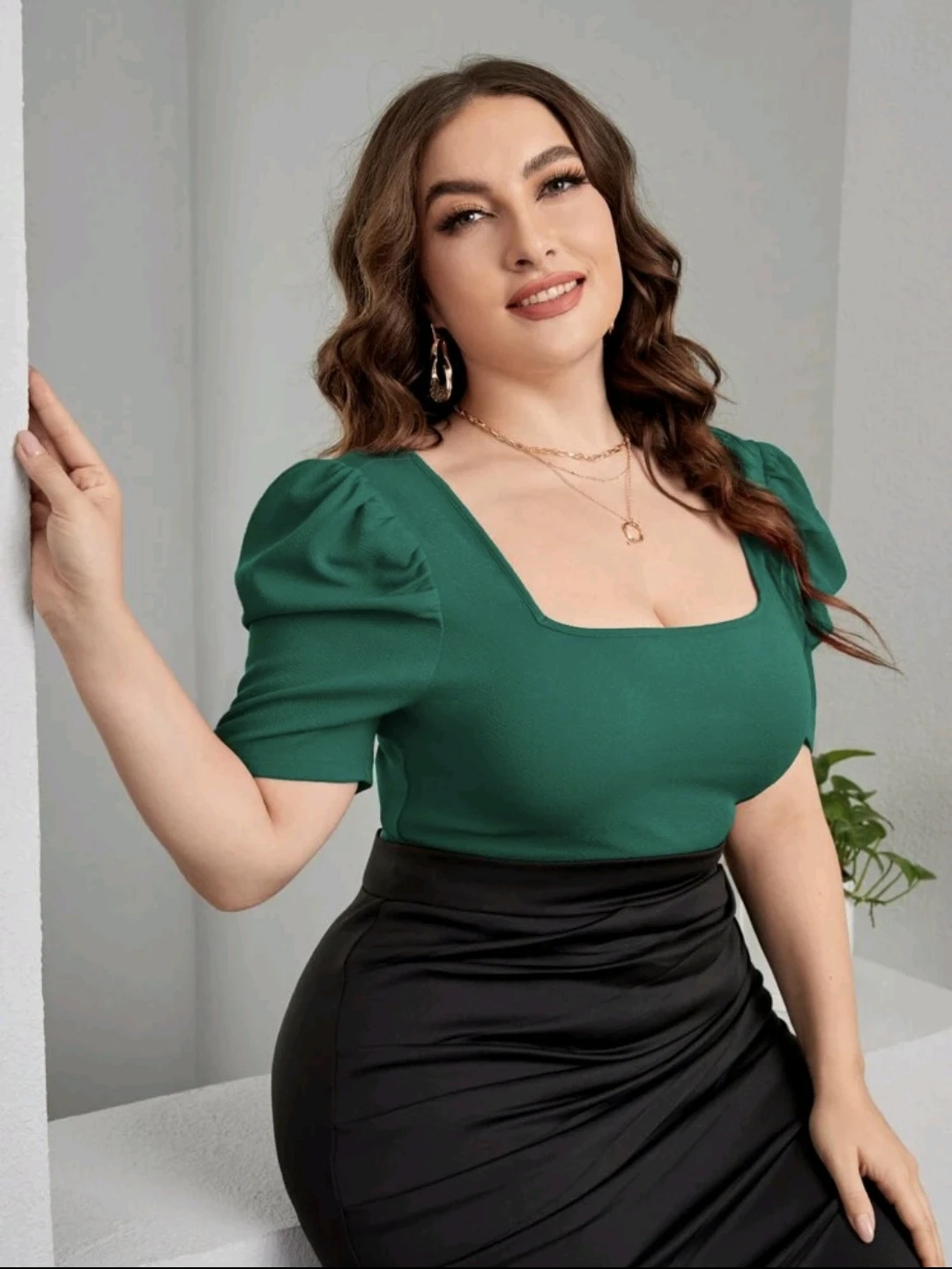 SHEIN CURVE Square Neck Puff Sleeve Top - Teal