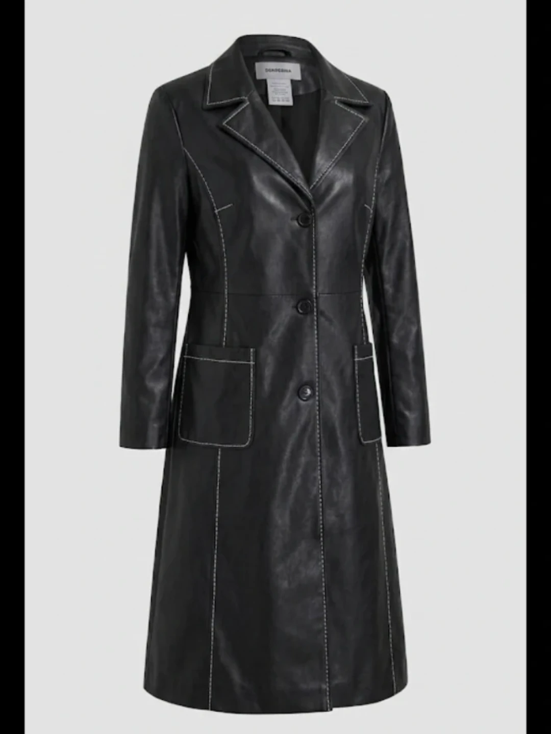 Black Faux Leather Long trench Coat wind breaker - photo 2