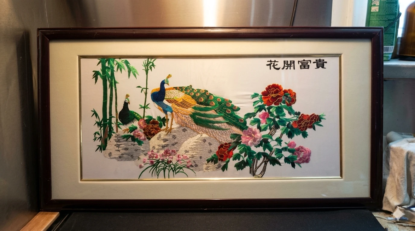 Framed Peacock and Flowers Silk Embroidery Art