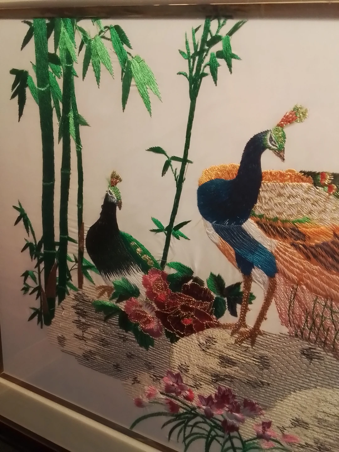 Framed Peacock and Flowers Silk Embroidery Art - photo 2