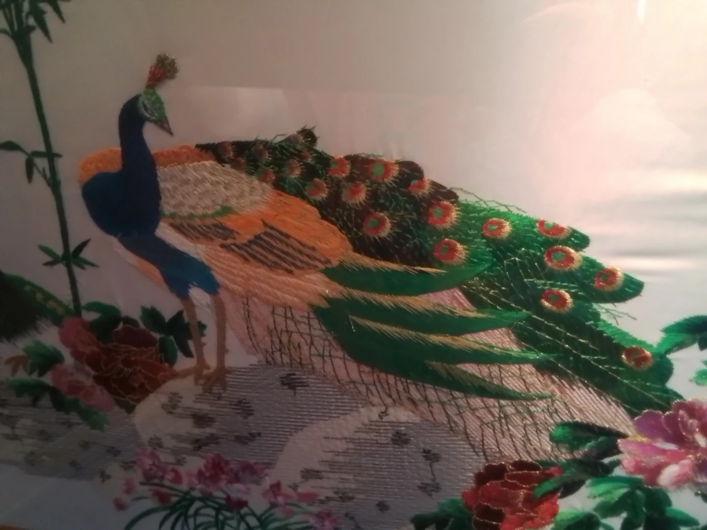 Framed Peacock and Flowers Silk Embroidery Art - photo 3