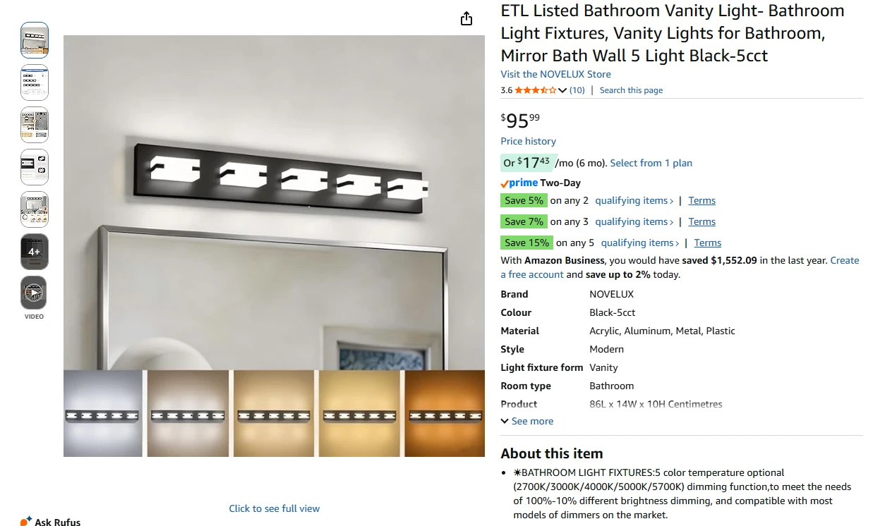 NOVELUX Vanity Light Black 5-Light Fixture - photo 2