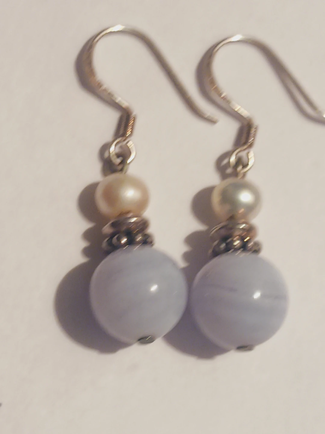 Sterling Silver 925 Blue Lace Agate & Pearl Dangle Earrings - photo 4