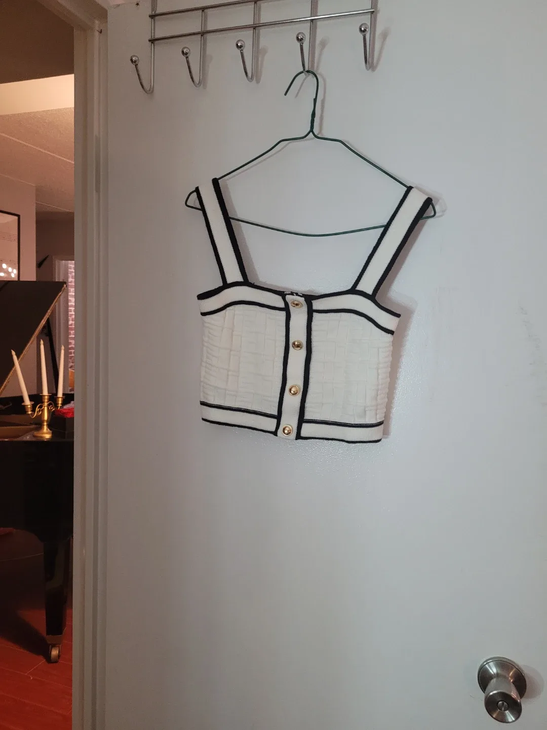 White Ribbed Crop Top with Black Trim
