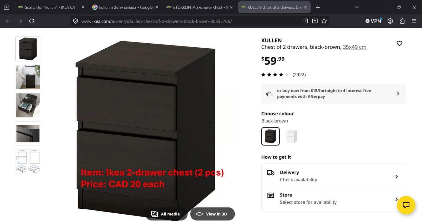 Ikea KULLEN 2-drawer chest, black-brown