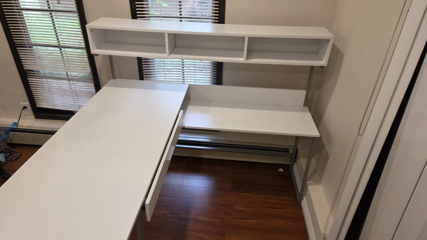 White L-Shaped Desk with Hutch and Shelves