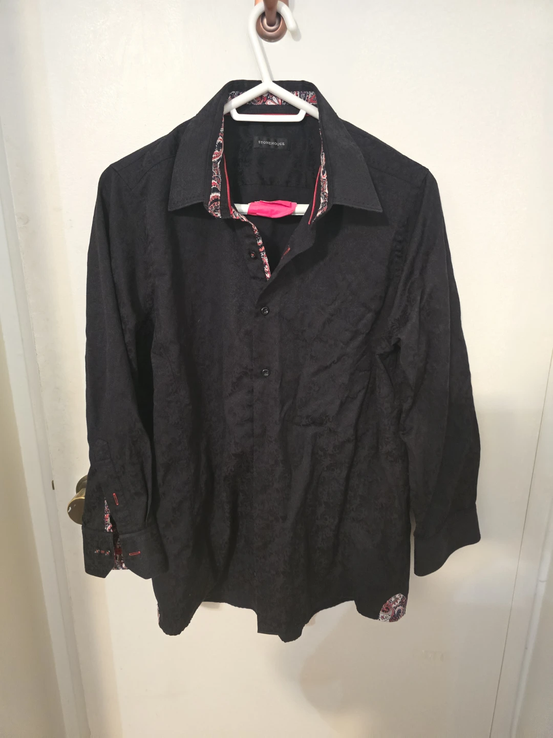 Men's Black Dress Shirt with Patterned Trim size S- M