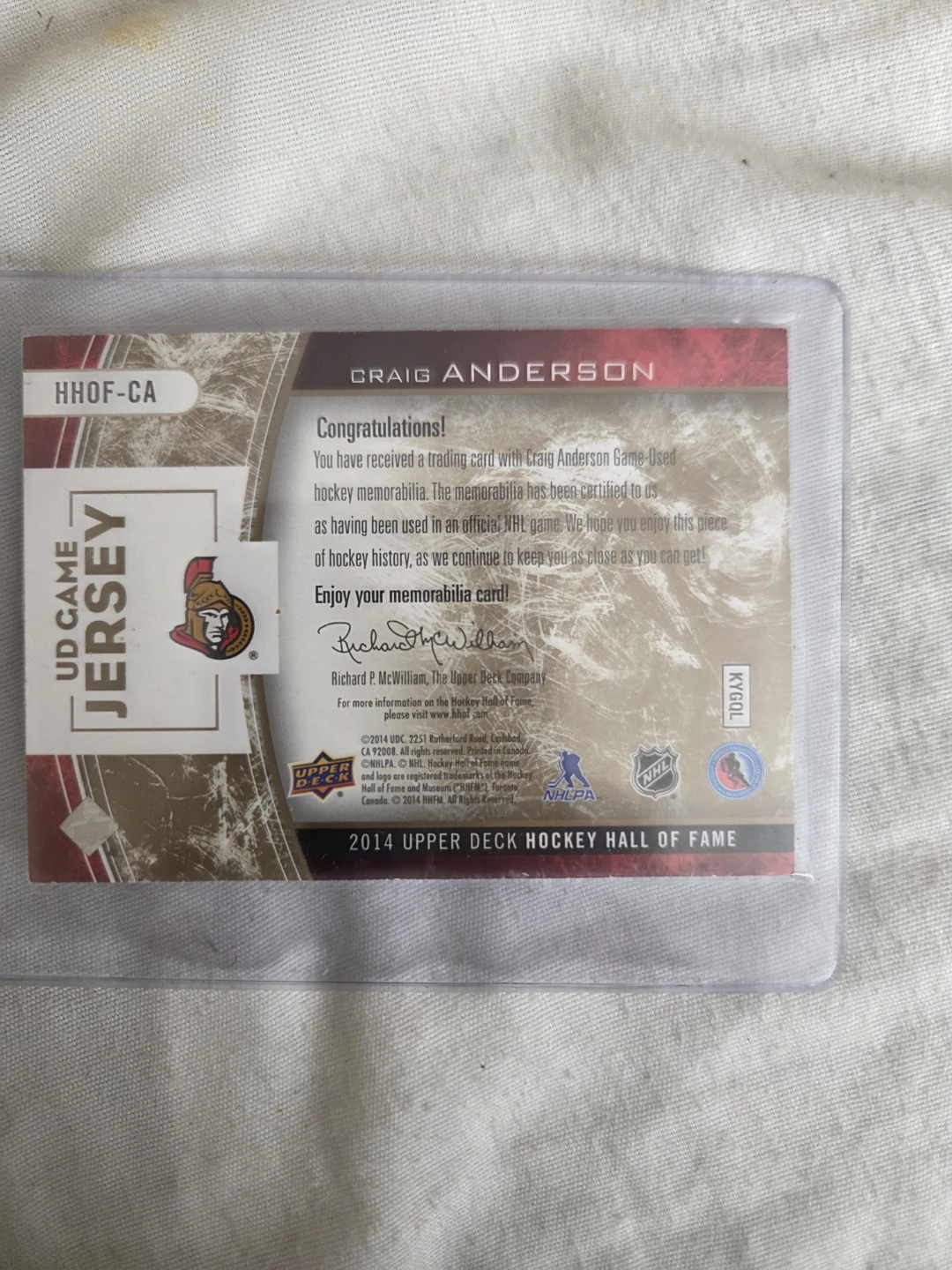 Craig Anderson Ottawa Senators UD Game Jersey Hockey Card - photo 2
