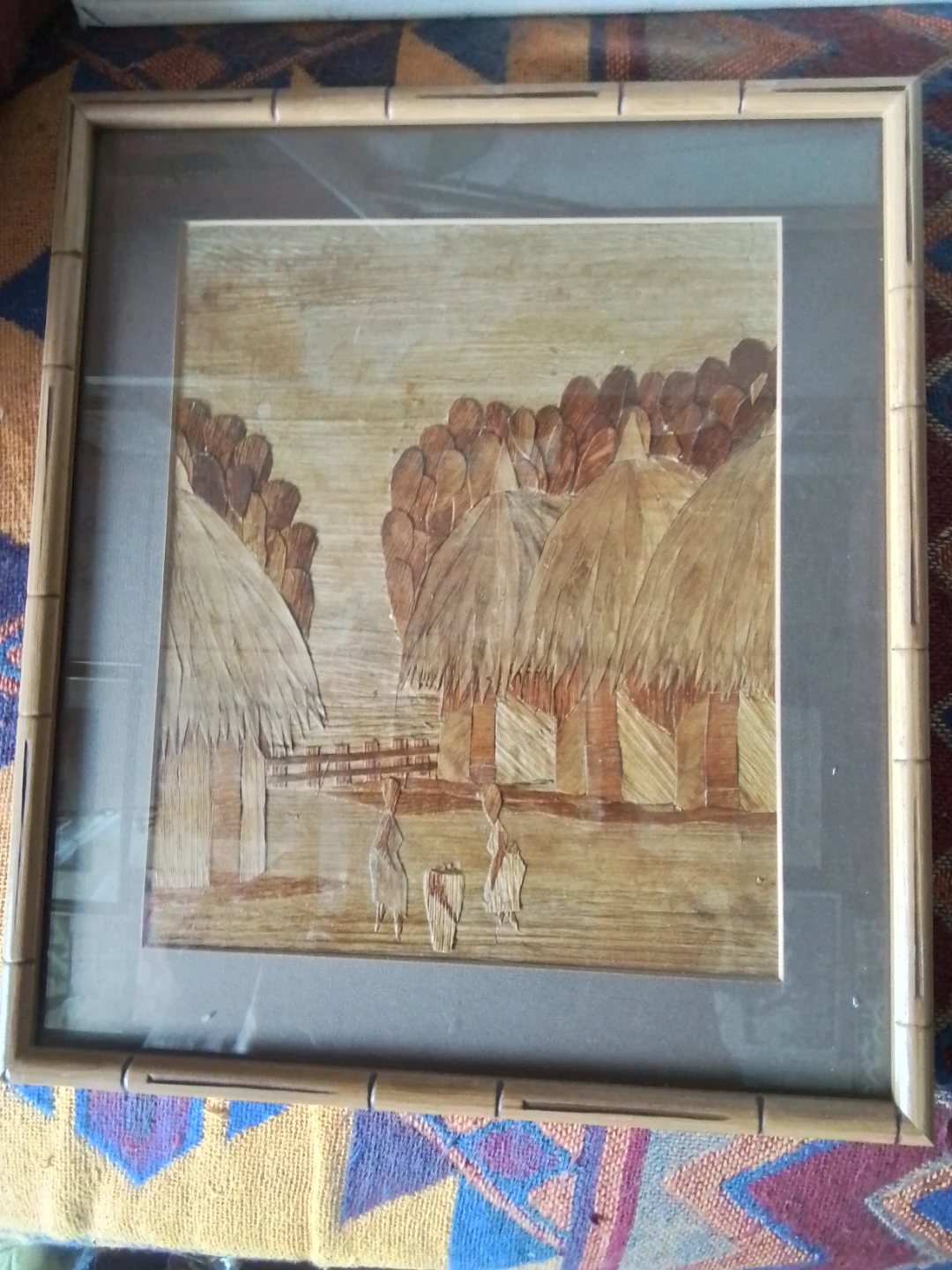 Vintage Framed African Banana Leaf Folk Art Collage - photo 3