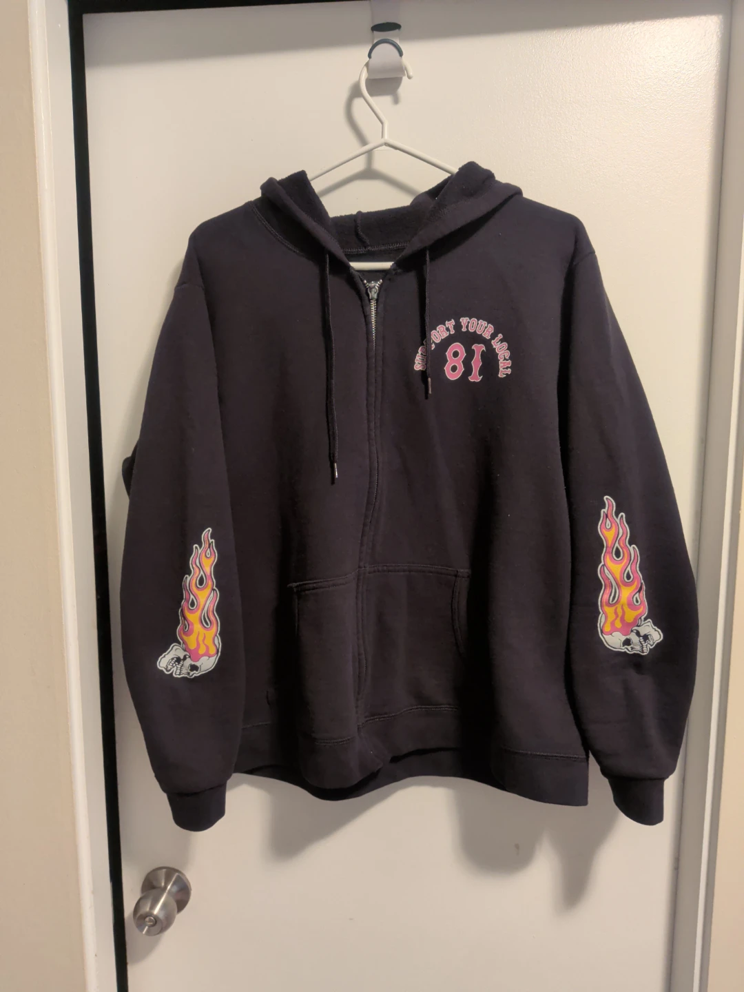 Black Zip-Up Hoodie with Flame and Skull Graphic