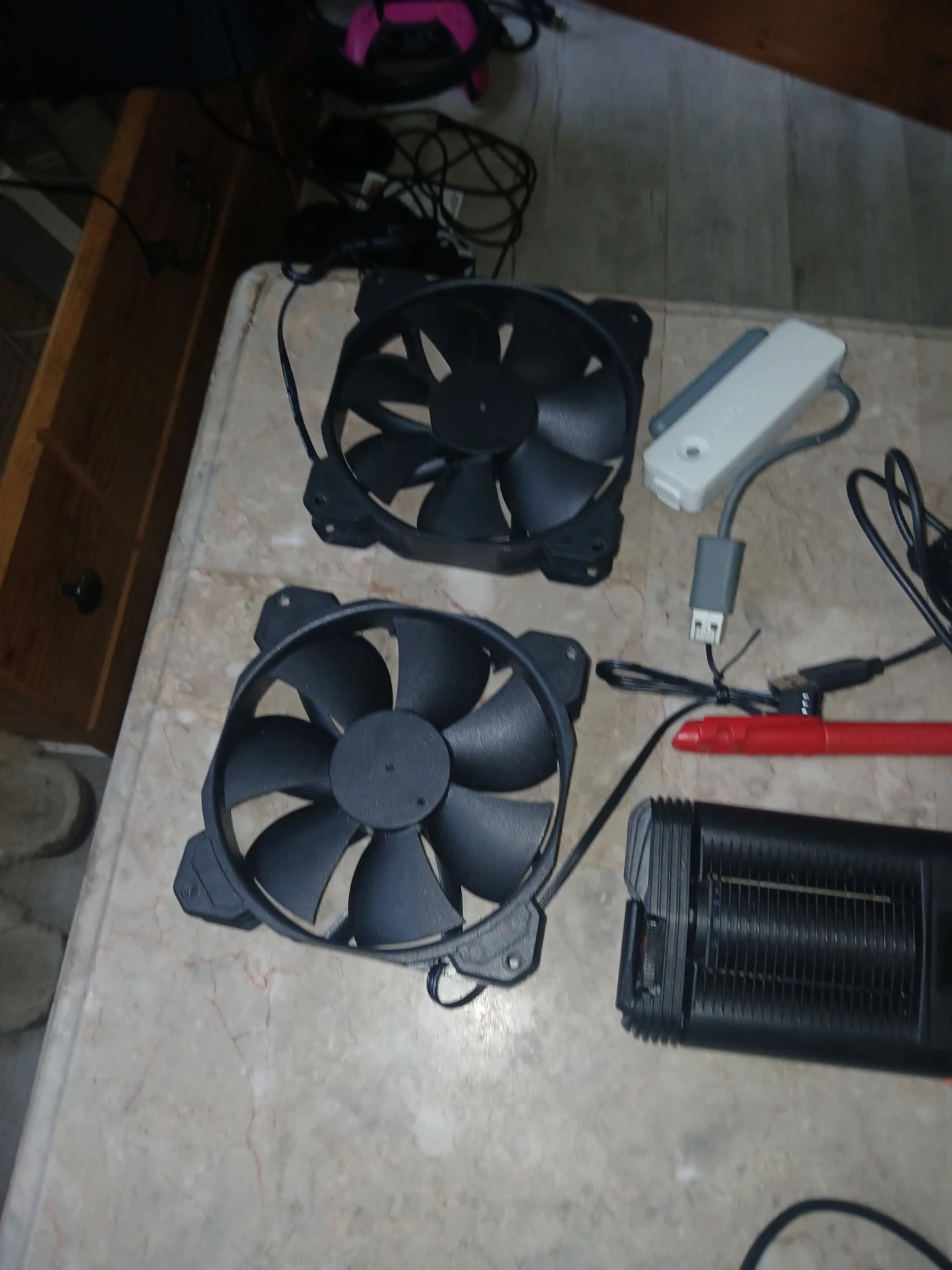Two Black Computer Case Fans and Accessories