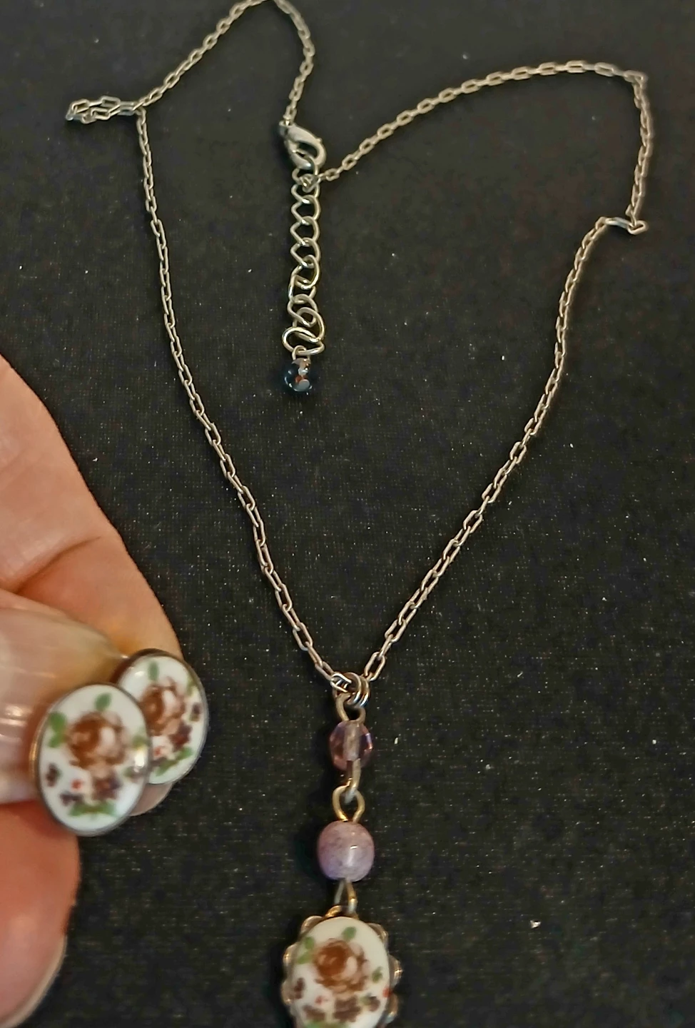 Rose Enamel Pendant Necklace and Earrings Set
