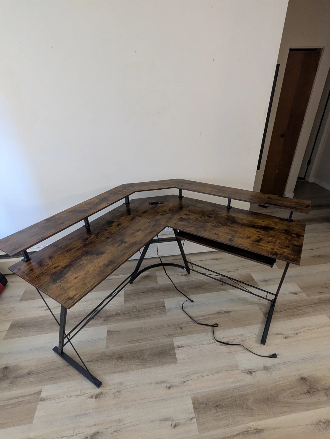 L-Shaped Corner Desk with Built-in Power Outlets and Shelves - photo 2