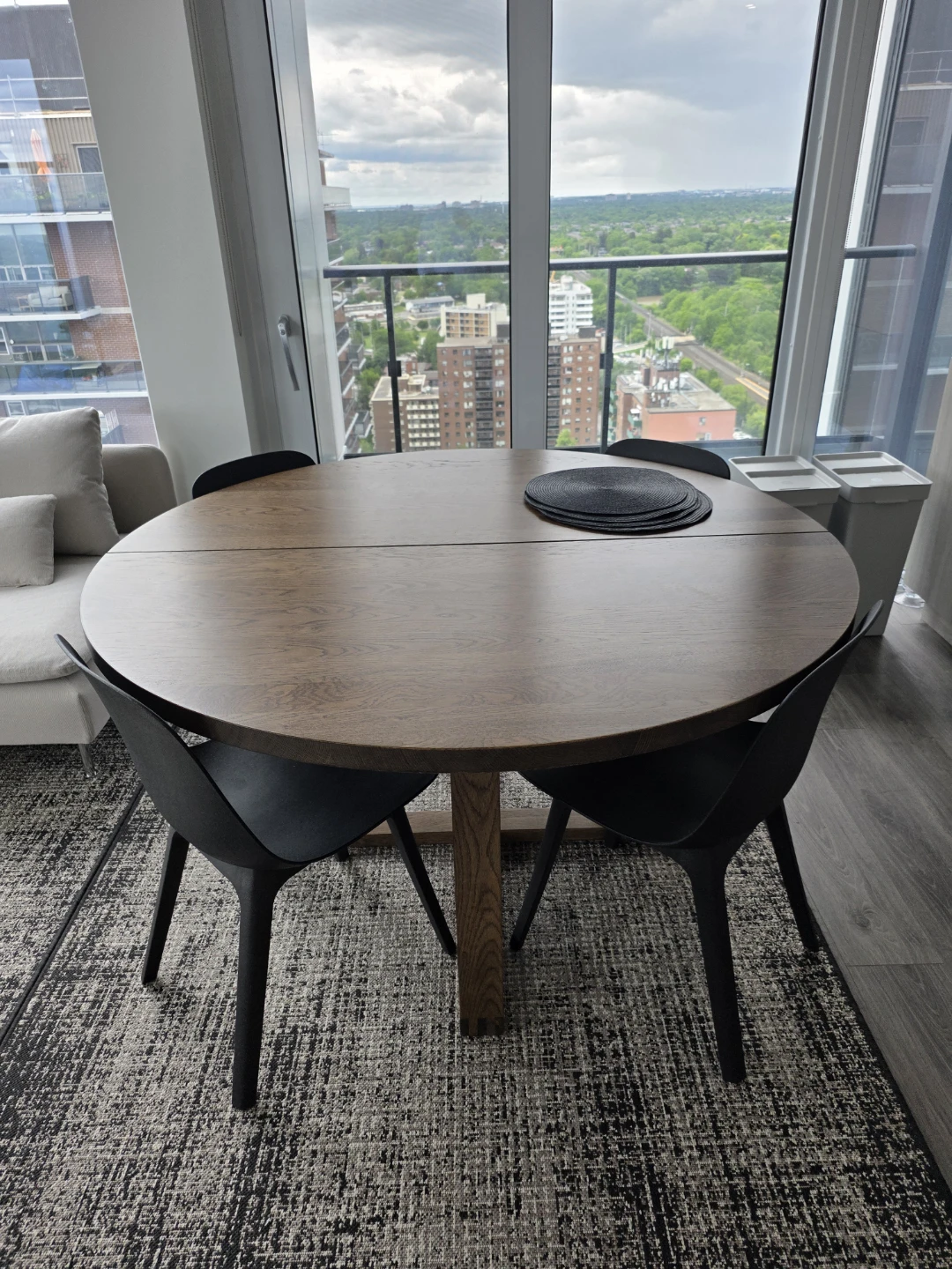Oak veneer round dining table and 4 chairs