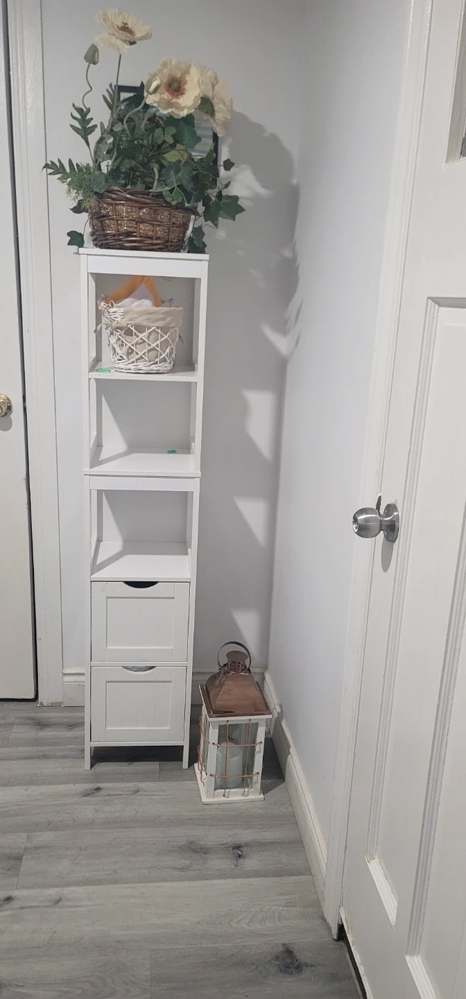 White narrow storage shelf with drawers