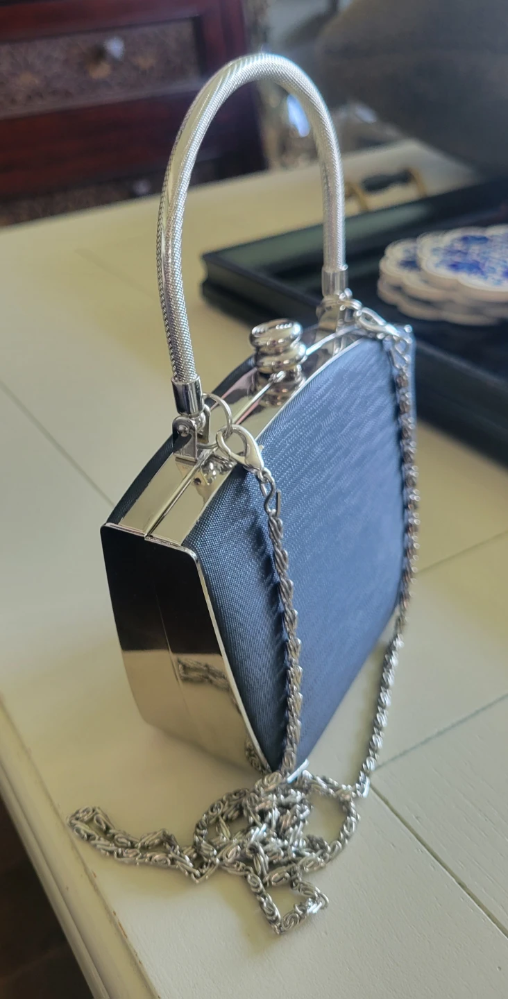 Blue evening clutch with silver chain strap