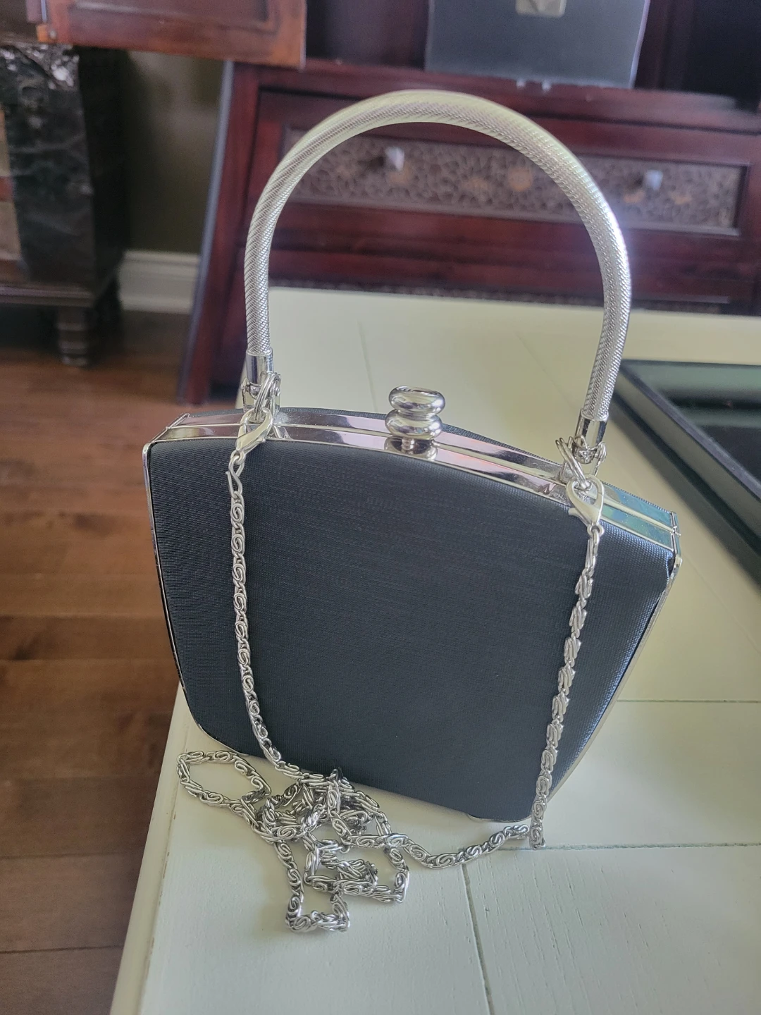 Blue evening clutch with silver chain strap - photo 2