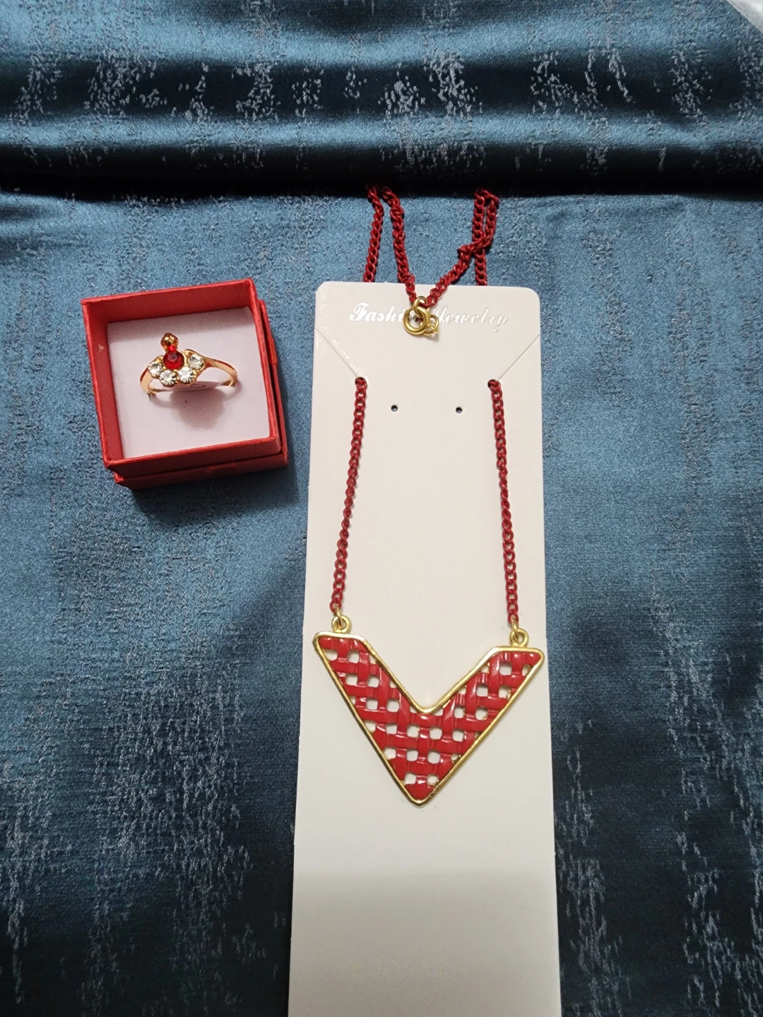 Gold-tone Necklace and Ring Set with Red Accents