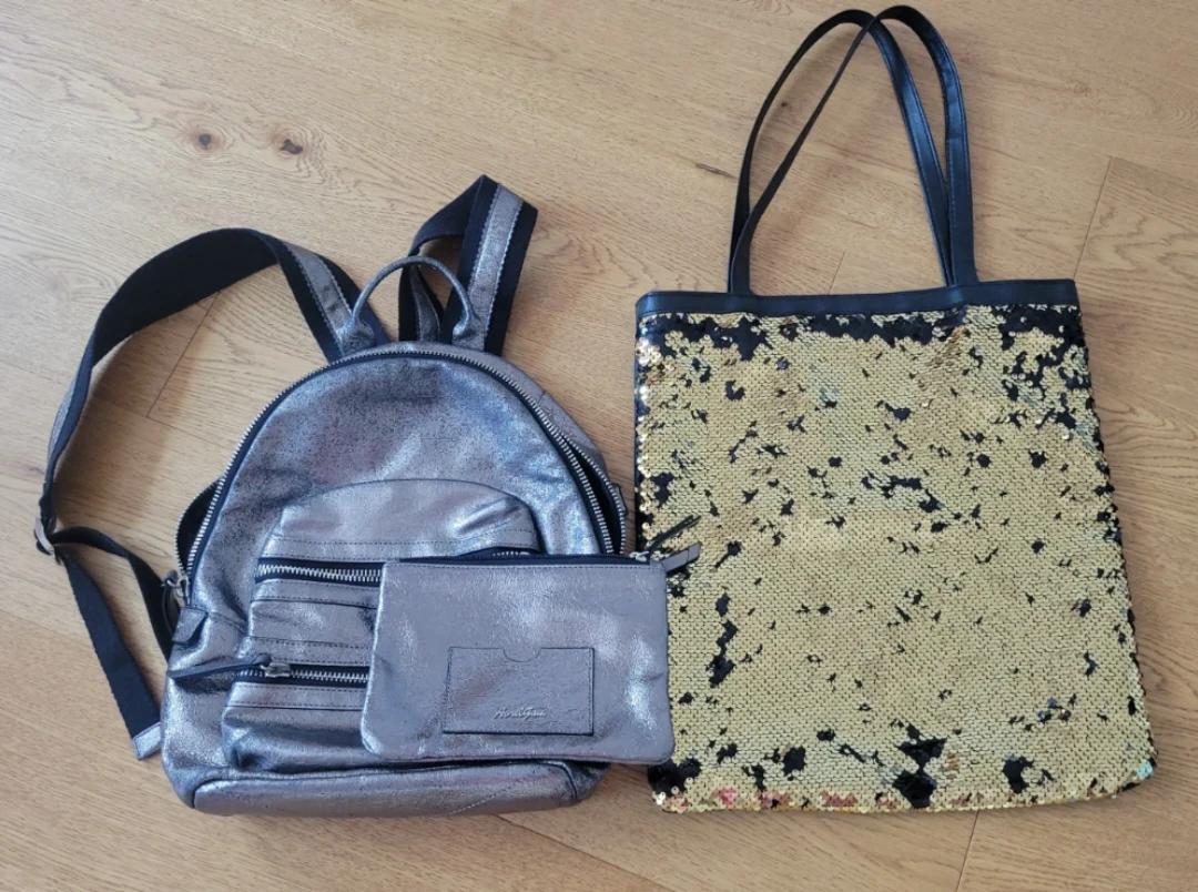 Silver Metallic Backpack with Pouch + Sequin Totebag