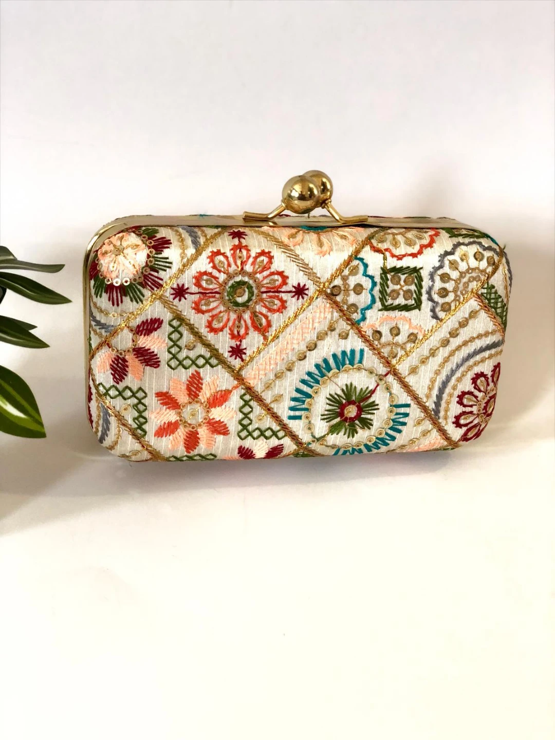 Embroidered Clutch Purse with Chain Strap