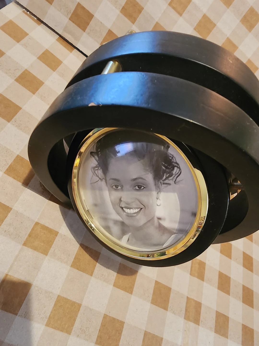 Black and Gold Rotating Desk Clock with Photo Frame