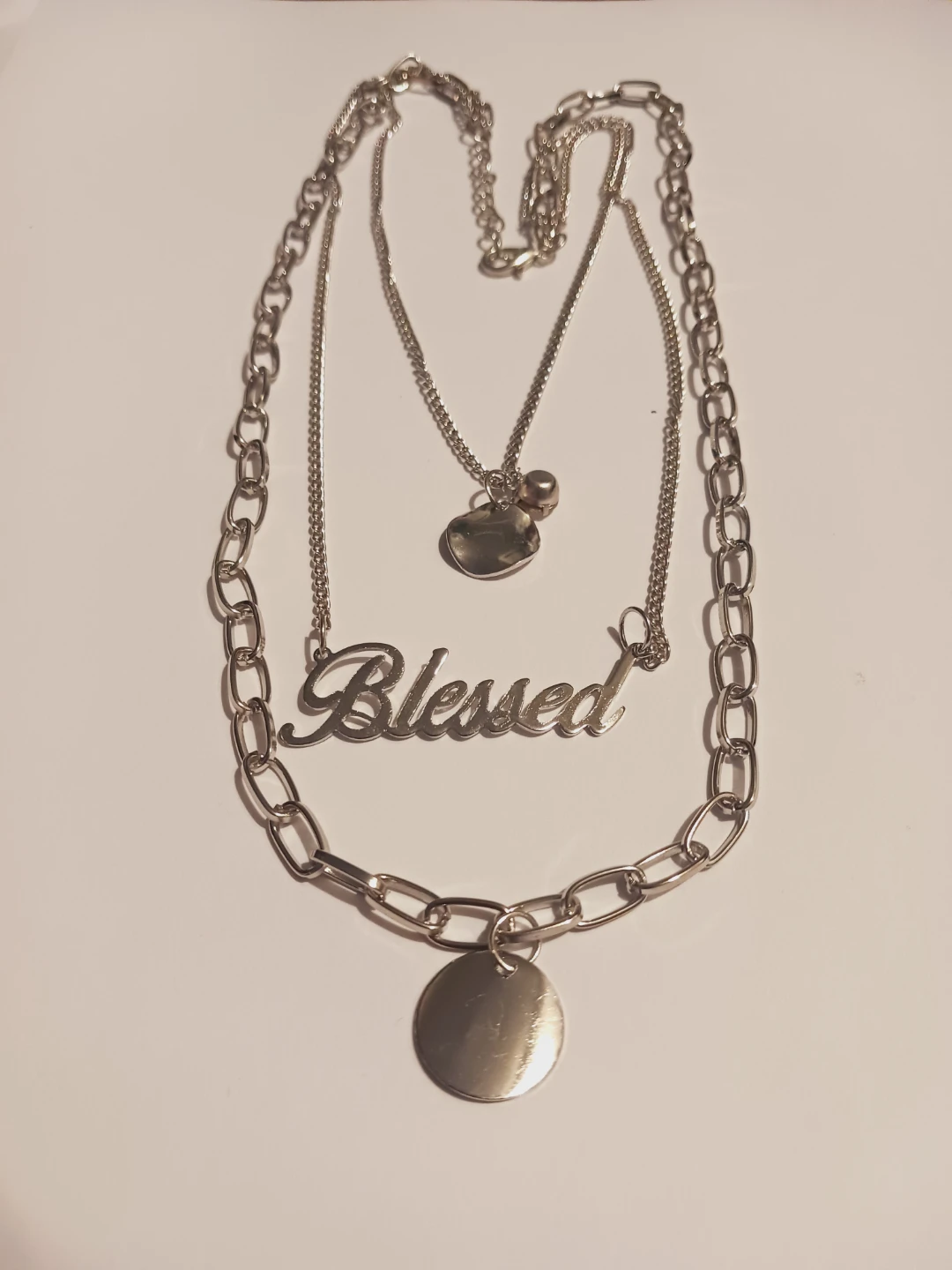 New !! Layered "Blessed" Necklace with Charm and Disc Pendant