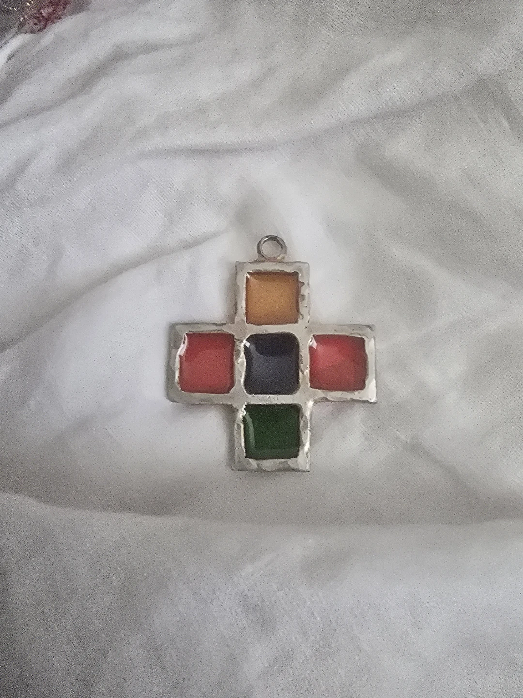 Vintage Stained Glass Style  Cross Pendant