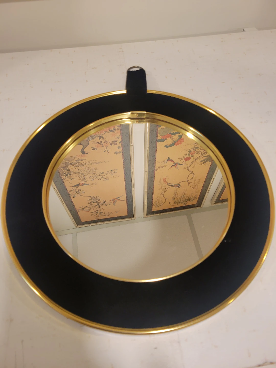 Mid Century Black Velvet Gold Round Mirror